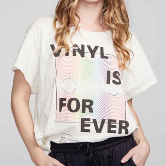 Chaser Tops - CHASER - Vinyl is Forever - Short Sleeve Crew Neck Graphic T-Shirt - Cream - XS